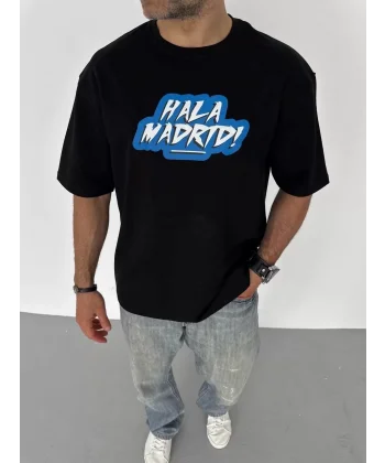 Unisex Bisiklet Yaka Baskılı Oversize T-Shirt - Siyah