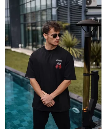 Unisex Bisiklet Yaka Baskılı Oversize T-Shirt - Siyah