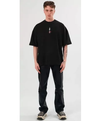 Unisex Bisiklet Yaka Baskılı Oversize T-Shirt - Siyah