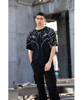 Unisex Bisiklet Yaka Baskılı Oversize T-Shirt - Siyah