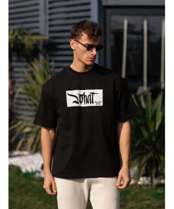 Unisex Bisiklet Yaka Baskılı Oversize T-Shirt - Siyah