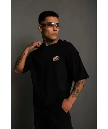 Unisex Bisiklet Yaka Baskılı Oversize T-Shirt - Siyah