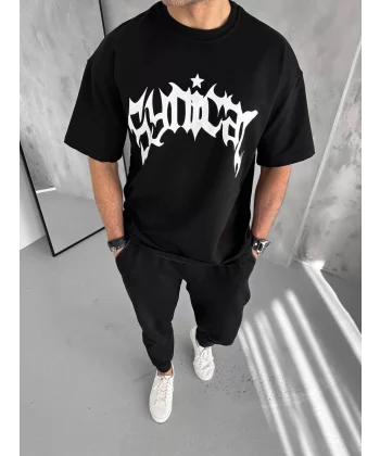 Unisex Bisiklet Yaka Baskılı Oversize T-Shirt - Siyah