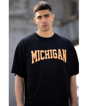 Unisex Bisiklet Yaka Baskılı Oversize T-Shirt - Siyah