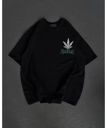 Unisex Bisiklet Yaka Baskılı Oversize T-Shirt - Siyah