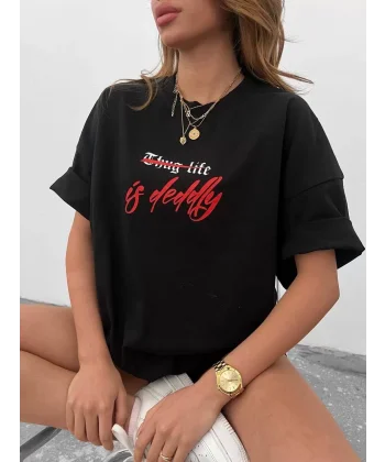 Unisex Bisiklet Yaka Baskılı Oversize T-Shirt - Siyah