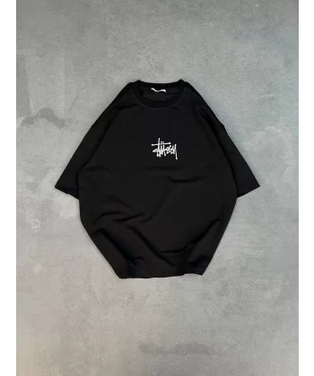 Unisex Bisiklet Yaka Baskılı Oversize T-Shirt - Siyah