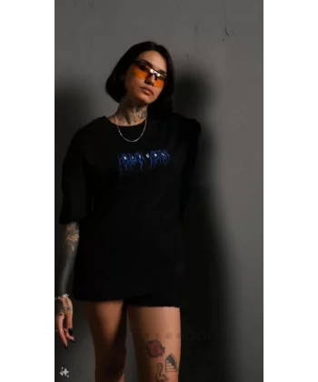 Unisex Bisiklet Yaka Baskılı Oversize T-Shirt - Siyah