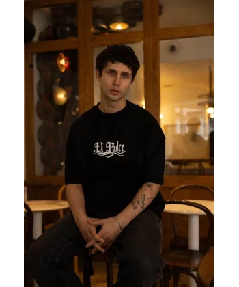 Unisex Bisiklet Yaka Baskılı Oversize T-Shirt - Siyah