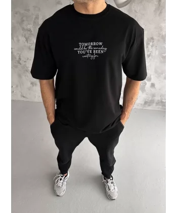 Unisex Bisiklet Yaka Baskılı Oversize T-Shirt - Siyah