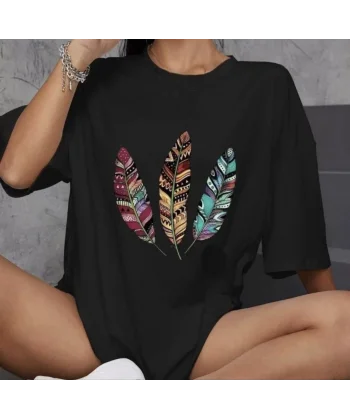 Unisex Bisiklet Yaka Baskılı Oversize T-Shirt - Siyah