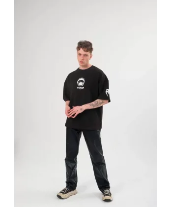 Unisex Bisiklet Yaka Baskılı Oversize T-Shirt - Siyah