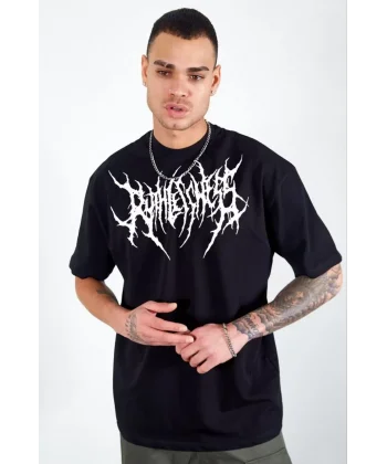 Unisex Bisiklet Yaka Baskılı Oversize T-Shirt - Siyah