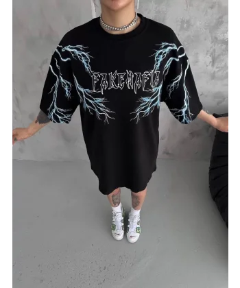 Unisex Bisiklet Yaka Baskılı Oversize T-Shirt - Siyah