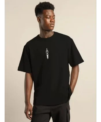 Unisex Bisiklet Yaka Baskılı Oversize T-Shirt - Siyah