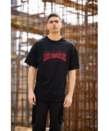 Unisex Bisiklet Yaka Baskılı Oversize T-Shirt - Siyah