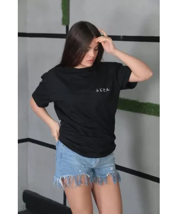 Unisex Bisiklet Yaka Baskılı Oversize T-Shirt - Siyah