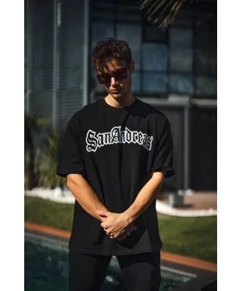 Unisex Bisiklet Yaka Baskılı Oversize T-Shirt - Siyah