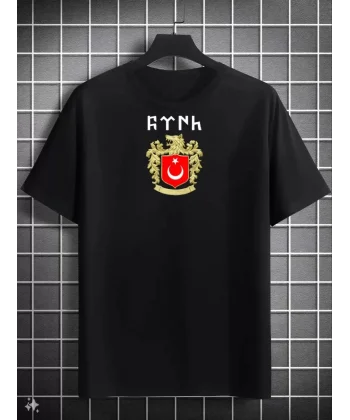 Unisex Bisiklet Yaka Baskılı Oversize T-Shirt - Siyah