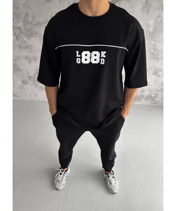 Unisex Bisiklet Yaka Baskılı Oversize T-Shirt - Siyah