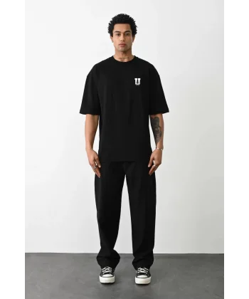 Unisex Bisiklet Yaka Baskılı Oversize T-Shirt - Siyah