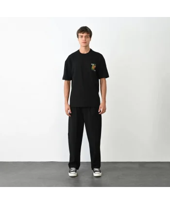 Unisex Bisiklet Yaka Baskılı Oversize T-Shirt - Siyah