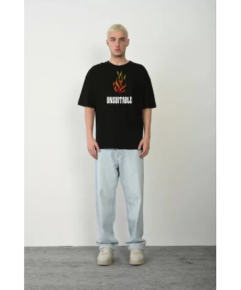 Unisex Bisiklet Yaka Baskılı Oversize T-Shirt - Siyah