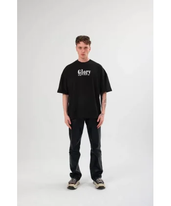 Unisex Bisiklet Yaka Baskılı Oversize T-Shirt - Siyah