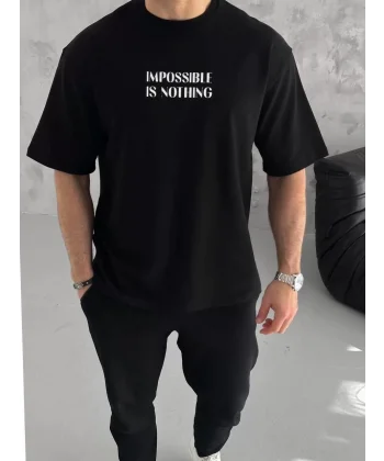 Unisex Bisiklet Yaka Baskılı Oversize T-Shirt - Siyah