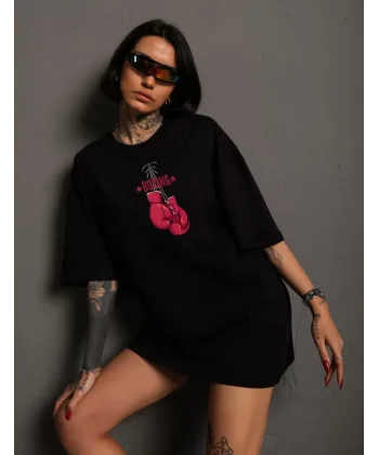 Unisex Bisiklet Yaka Baskılı Oversize T-Shirt - Siyah