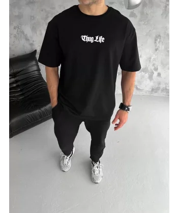 Unisex Bisiklet Yaka Baskılı Oversize T-Shirt - Siyah