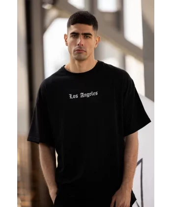 Unisex Bisiklet Yaka Baskılı Oversize T-Shirt - Siyah