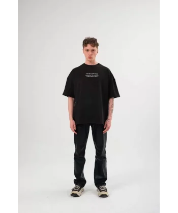 Unisex Bisiklet Yaka Baskılı Oversize T-Shirt - Siyah