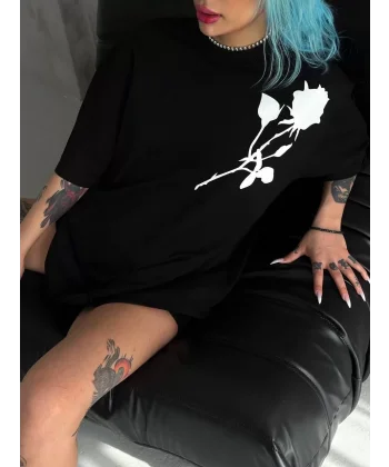 Unisex Bisiklet Yaka Baskılı Oversize T-Shirt - Siyah