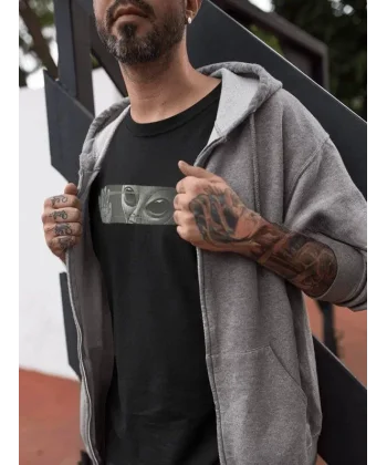 Unisex Bisiklet Yaka Baskılı Oversize T-Shirt - Siyah