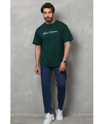 Unisex Bisiklet Yaka Baskılı Oversize T-Shirt - Yeşil