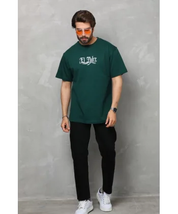 Unisex Bisiklet Yaka Baskılı Oversize T-Shirt - Yeşil