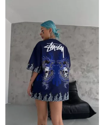 Unisex Bisiklet Yaka Baskılı Oversize Thirt  acivert