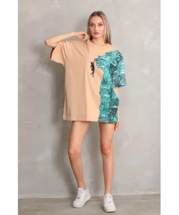Unisex Bisiklet Yaka Baskılı Oversize Thirt  Bej