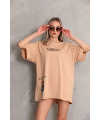 Unisex Bisiklet Yaka Baskılı Oversize Thirt  Bej