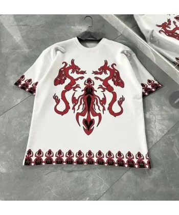 Unisex Bisiklet Yaka Baskılı Oversize Thirt  Beyaz