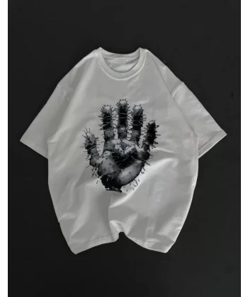 Unisex Bisiklet Yaka Baskılı Oversize Thirt  Beyaz