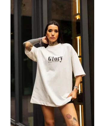 Unisex Bisiklet Yaka Baskılı Oversize Thirt  Beyaz