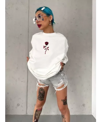 Unisex Bisiklet Yaka Baskılı Oversize Thirt  Beyaz