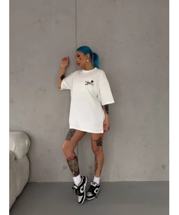 Unisex Bisiklet Yaka Baskılı Oversize Thirt  Beyaz