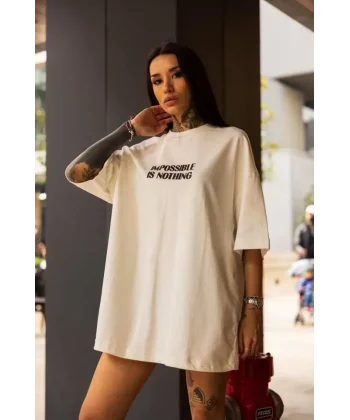 Unisex Bisiklet Yaka Baskılı Oversize Thirt  Beyaz