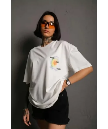 Unisex Bisiklet Yaka Baskılı Oversize Thirt  Beyaz