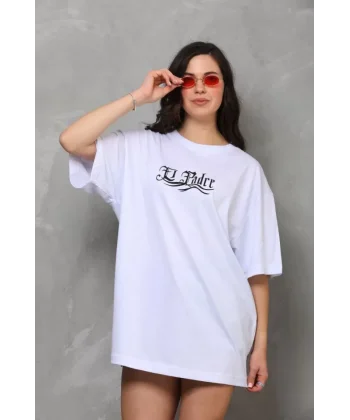 Unisex Bisiklet Yaka Baskılı Oversize Thirt  Beyaz