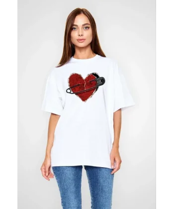 Unisex Bisiklet Yaka Baskılı Oversize Thirt  Beyaz