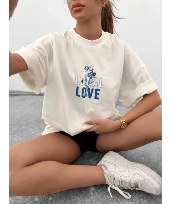 Unisex Bisiklet Yaka Baskılı Oversize Thirt  Beyaz